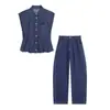Atacado transfronteiriço 2026 Moda europeia e americana casual camisa jeans abotoada com ombreiras + conjunto de calça comprida para mulheres E75469