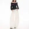 Jeans de Sarja Lavada Estilo High Street Americano, Modelo Quente de Outono para Mulheres, com Bordado Assimétrico Desconstruído, Corte Solto, Calça de Comprimento Total