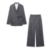 Comércio Exterior Europeu e Americano Transfronteiriço Roupas Femininas Za Aliexpress Venda Quente Cinza Escuro Listrado Vertical Conjunto de Terno com Amarração na Cintura Calças Largas