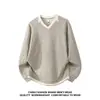 Sudadera con capucha de punto a rayas para primavera y otoño, estilo falso dos piezas, cuello en V, para hombre, estilo perezoso, informal, holgada, talla grande, versátil, manga larga