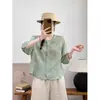 Camisa de Linho de Algodão Bordada Artística Feminina Verão Novo Retro Gola Redonda Manga Média Solta Emagrecedora Top Cardigan Petite