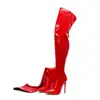 Novas Botas de Moda com Bico Fino, Zíper Traseiro, Salto Alto Fino, Botas Emagrecedoras para Mulheres, Estilo Europeu e Americano Acima do Joelho Botas Longas de Couro Brilhante