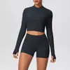 Chaqueta Larga Ajustada Cruzada de Cintura Alta Color Nude con Agujeros para el Pulgar con Cremallera y Pantalones Cortos Ropa de Yoga Traje de Yoga para Fitness Levanta Glúteos
