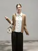 Camisa de punto trenzado estilo Old Money de otoño con cuello de camisa, cárdigan de punto abierto de dos piezas falsas, color moca, talla única