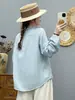 Camisa artística estilo francês de manga longa para mulheres com carcela de renda e botões coloridos, macia e amiga da pele, feita de gaze de algodão de camada dupla 100% algodão