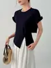 Camiseta de Manga Corta Azul Marino con Dobladillo Fruncido, Espalda Cruzada, Hombro Normal para Mujer, Verano 2025, Top Irregular Ajustado