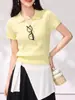 Blusa de Tricô Costurada de Manga Curta Doce e Suave para Mulheres, Suéter Polo Solto