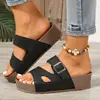 Sandálias rasteirinhas femininas de verão, chinelos casuais com solas de cortiça, sapatos femininos de praia, sandálias femininas de bico aberto com fivelas duplas para uso ao ar livre