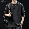 Camiseta de Manga Larga de Algodón Puro de Peso Pesado 320g Lavada y Desgastada Retro para Hombre Otoño Negra Holgada Talla Grande Capa Base