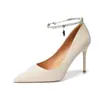 9888J-190 Corrente de Cristal Sapatos Elegantes de Bico Fino Estilo Fada Salto Alto Salto Agulha Feminino Belas Socialites