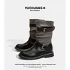 Botas Fashion Patchwork de Couro de Vaca Retrô Femininas 2026 Moda Outono Sola Grossa Botas Cavaleiro Fivela de Cinto Botas franzidas até o meio da panturrilha