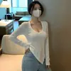 Camiseta base de otoño e invierno para mujer, sexy y elegante, top irregular ajustado con hombros normales, cuello redondo bajo, camiseta de manga larga de capa interior para niñas