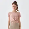Playera Deportiva de Manga Corta Transfronteriza de Tacto Desnudo de Secado Rápido con Cintura Cruzada Transpirable para Yoga Ropa de Fitness Sexy con Abdomen Descubierto para Mujer