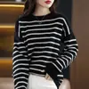 Suéter Rayado de Cuello Redondo para Mujer, Corte Holgado, Nuevo Estilo Otoño e Invierno, Estilo Perezoso, Top de Punto Versátil Casual, Prenda Básica Versátil a la Moda