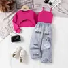 Camisa Morada de Manga Larga Estilo Otoño Nuevo Europeo y Americano Transfronteriza para Niños y Niños de Edad Media Más Chaleco y Jeans Traje de Moda Chica Popular