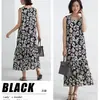 Vestido Largo Negro y Blanco Floral Relajado Estilo Japonés, Verano Delgado Cuello en V Volantes Adelgazante