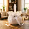 Cesta de flores redonda de estilo occidental para bodas transfronterizas, ribete de encaje blanco, decoración de lazo, cesta de flores para niños para lanzar flores