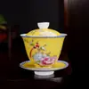 Conjunto de Tigelas Esmaltadas de Três Peças Estilo Palácio com Tampa, Conjunto de Chá Kung Fu Cerâmico Vintage, Xícara de Tigela de Chá Esculpida em Filigrana, Jingdezhen