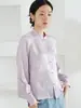 Camisa Jacquard Floral 100% Seda de Amora para Mulheres, Novo Estilo Chinês Gola Alta, Top Tradicional Chinês com Botão Manga Longa para Primavera