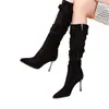 Botas altas de tacón estilo francés para mujer, elegantes botas ajustadas, nuevas botas de tacón grueso para otoño e invierno, botas largas de punta fina stiletto