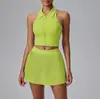 Roupa de Tênis Yoga Gola Lapela Zíper Colete Falso Duas Peças Saia Plissada Shorts Culotte Moda Conjunto Fitness Duas Peças