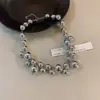Collar de Cadena para Clavícula de Bolas Plateadas Multicapa con Perlas Estilo Francés Vintage ins