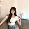 Playera de Verano para Mujer Ins Trendy Blanca Ajustada Corta Descubriendo el Ombligo Estilo Lujuria Pura Dulce y Picante Top Ajustado de Manga Corta Estilo Nuevo 2025