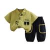Novo 2025 Verão Manga Curta Bolso Calças Terno Meninos Camisa Terno Conjunto de Duas Peças 1-5 Anos de Idade Desenho Animado Terno 2