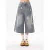 Pantalones Vaqueros Cortos con Estampado de Estrellas Retro para Mujer, Nuevo Estilo Americano de Verano, Desgastados, Sueltos, de Pierna Ancha, Rectos, 7/8