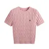 Top de Punto con Bordado de Pony y Trenzado de Manga Corta para Mujer Cuello Redondo Estilo Universitario Cableado Ajustado Base Top Jzz
