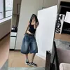 Shorts de Mezclilla Rectos con Patrón de Rayos Retro Americano para Mujer, Verano Ajuste Holgado, Talla Grande, Jeans Acortados Vintage de Pierna Ancha