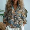 Fábrica de Origen 1688 Camisa de Mujer con Estampado de Flor de Ciruelo Vintage Holgada Cuello Solapa Blusa de Oficina Exclusiva para Venta Transfronteriza