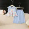 Conjunto de Colete de Verão para Meninas 2025 Nova Moda Infantil Roupa de Verão para Bebê com Calça Wide Leg de Renda Conjunto de Duas Peças