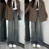Jeans acampanados gruesos forrados de polar para mujer, talla grande, para mujeres de talla grande, invierno, retro americano, cintura alta, no ajustados, elásticos, de campana