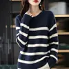 Suéter de punto para mujer, cuello redondo, rayas anchas, algodón 100%, manga larga, corte holgado, adecuado para primavera y otoño, ropa casual, se puede usar como capa interior o exterior