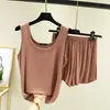 Conjunto de pijama de malha modal para casa com regata e shorts para mulheres, fino e soltinho para o verão, pode ser usado na rua, pijama casual sem mangas de duas peças