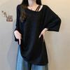 Camisa Asimétrica de Manga Corta con Textura Brillante de Talla Grande para Mujer 2025 Verano Nueva Top Holgado con Aspecto Adelgazante