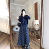 Traje Talla Extra para Mujer 2025 Otoño Estilo Coreano con Cordones Cuadros de Punto de Manga Larga Falda de Tirantes Cuadros Elegante Conjunto de Dos Piezas