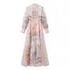 Vestido longo de manga comprida com estampa floral transfronteiriça de comércio exterior, gola alta, barra franzida, cinto na cintura e saia longa estilo feriado
