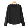 Nova moda de outono, gola redonda canelada, manga longa, simples e elegante, camiseta básica confortável com barra curva, top feminino liso