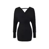 Vestido de Tricô com Decote V e Manga Longa Estilo Hot Girl, Novo Modelo de Primavera, Estilo Puro Desejo, Slim Fit, Bodycon, Vestido Curto