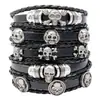 Pulseira de Couro Trançado com Caveira Punk Estilo Europeu e Americano, Pulseira Multicamadas Unissex, Acessórios de Joias Retrô Tendência