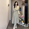 Vestido Polo Elegante de Manga Longa Estilo Francês para Primavera e Outono com Botões Listrados, Vestido Longo Feminino de Cintura Marcada Linha A