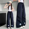 Calças Casuais Parachute Plissadas com Aplique de Estrela Estilo Americano para Meninas Unissex Verão Largas de Perna Reta Secagem Rápida Calças de Moletom Esportivas