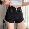 Pantalones casuales negros de diseño de cintura alta con encaje en ambos lados para mujer Otoño e Invierno 2024 Estilo coreano Combinable Ajustado Ropa exterior Shorts
