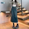 Saia Jeans Vintage Cintura Alta Linha A Feminina Primavera e Verão Nova Média Com Pequeno Fenda Longa Saia de Quadril
