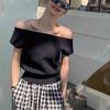 Suéter de moda con hombros descubiertos, clavícula, cintura, manga corta, para mujer, diseño delgado de verano, nicho chic, top corto