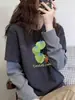 Camiseta de manga larga de forro polar cepillado a rayas, imitación de dos piezas para mujer, capa base engrosada, sofisticada parte superior gris oscuro para otoño