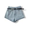 Estilo Americano Street ins Cintura Alta Cinturón Suelto Jeans de Línea A Pantalones Cortos Calientes Lavados Viejos Calientes Súper Cortos