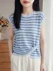 Top de Verano de Punto Transpirable con Rayas de Bambú, Manga Corta para Mujer, Texturizado, Corte Holgado, Cuello Redondo, Fresco, Adelgazante